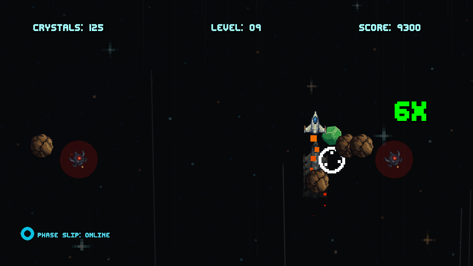 Crystal Drive gameplay in an asteroid field at a six-times combo