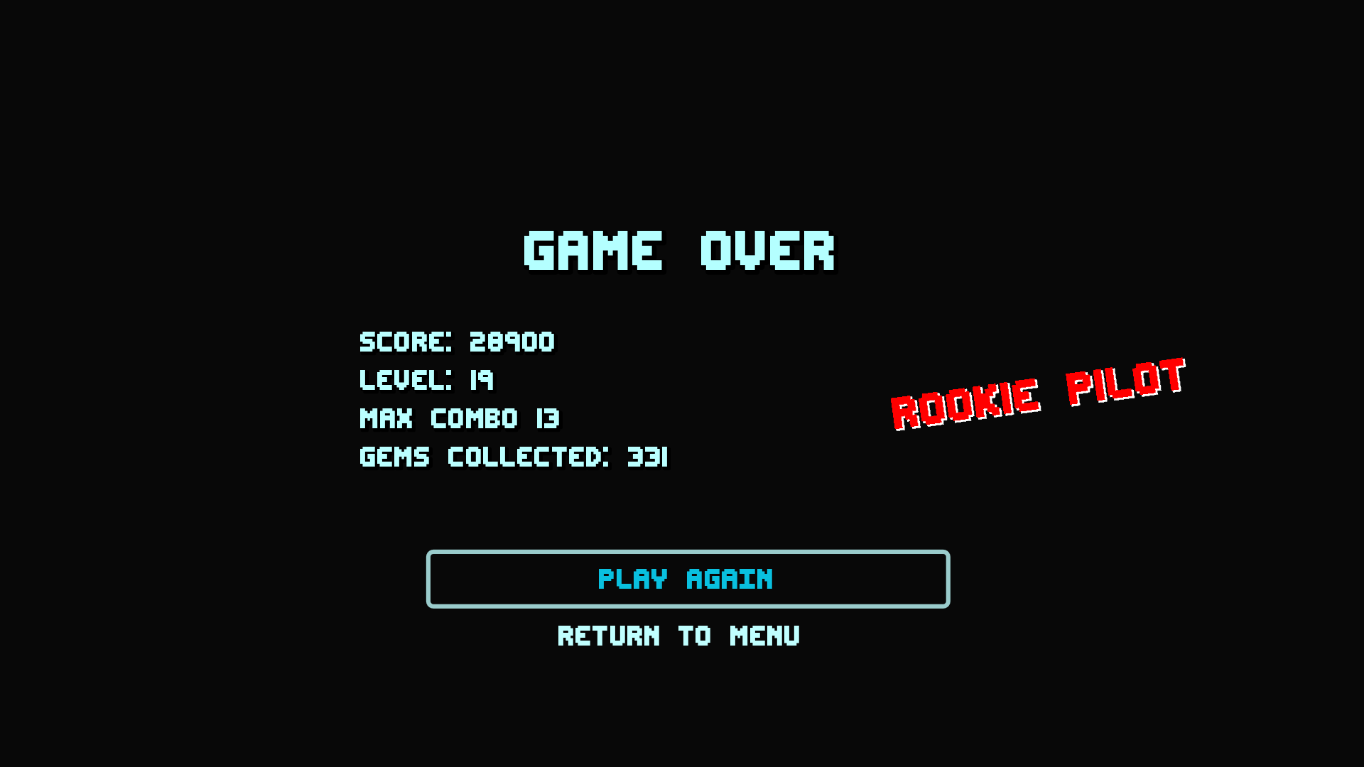Crystal Drive game over screen showing score, level, max combo, gems collected and a Rookie Pilot rank