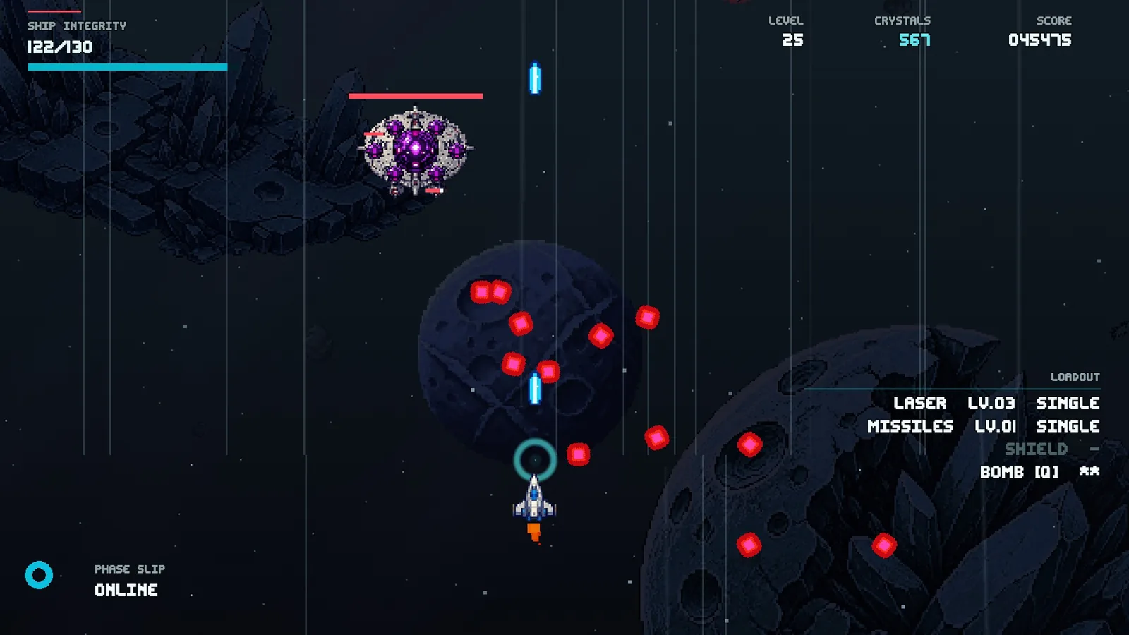 Crystal Drive Z boss fight at level 25: a boss ship firing a fanned volley of red projectiles over a shattered moon