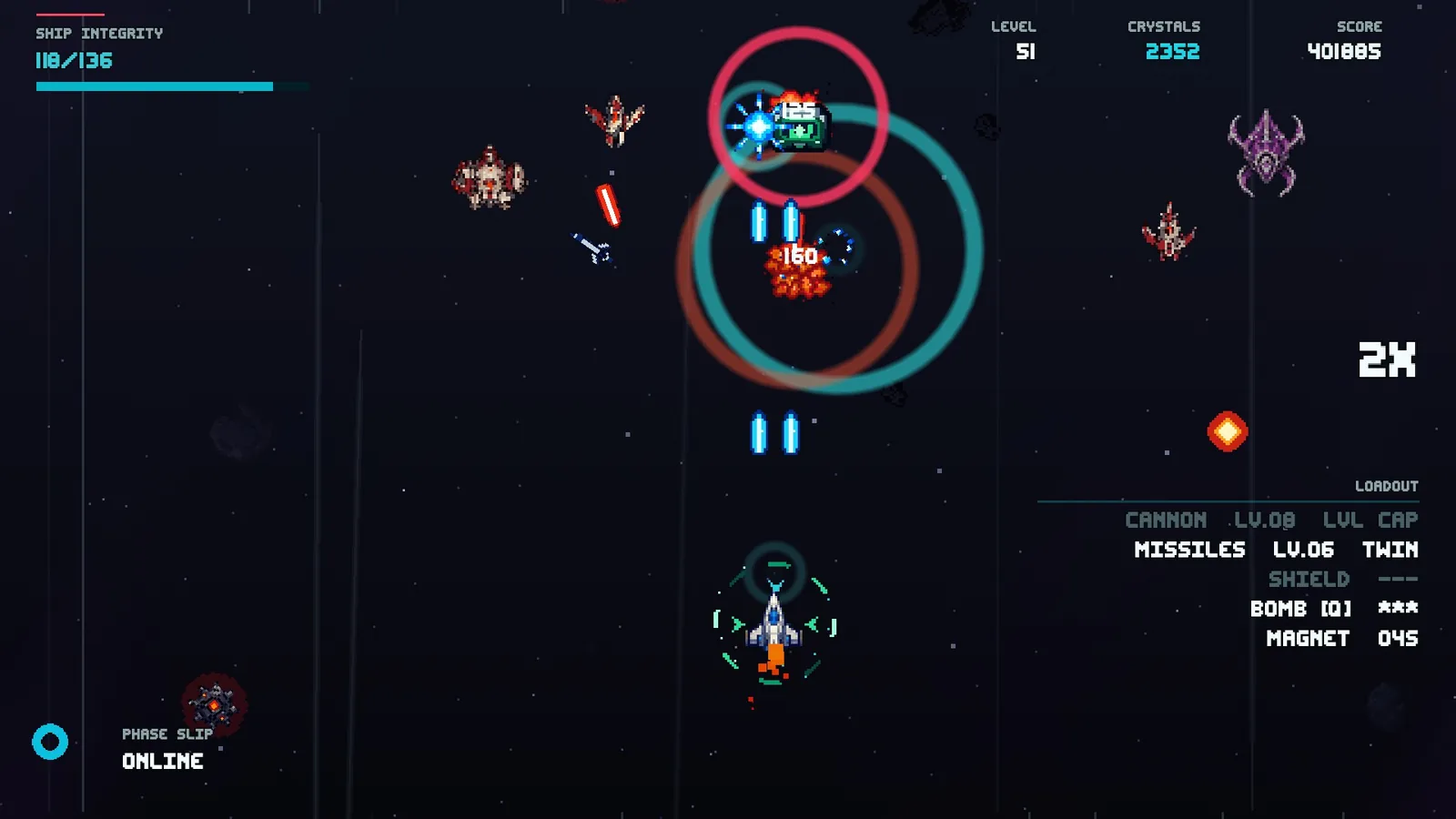 Crystal Drive Z gameplay: firing on enemy craft among falling crystals and asteroids