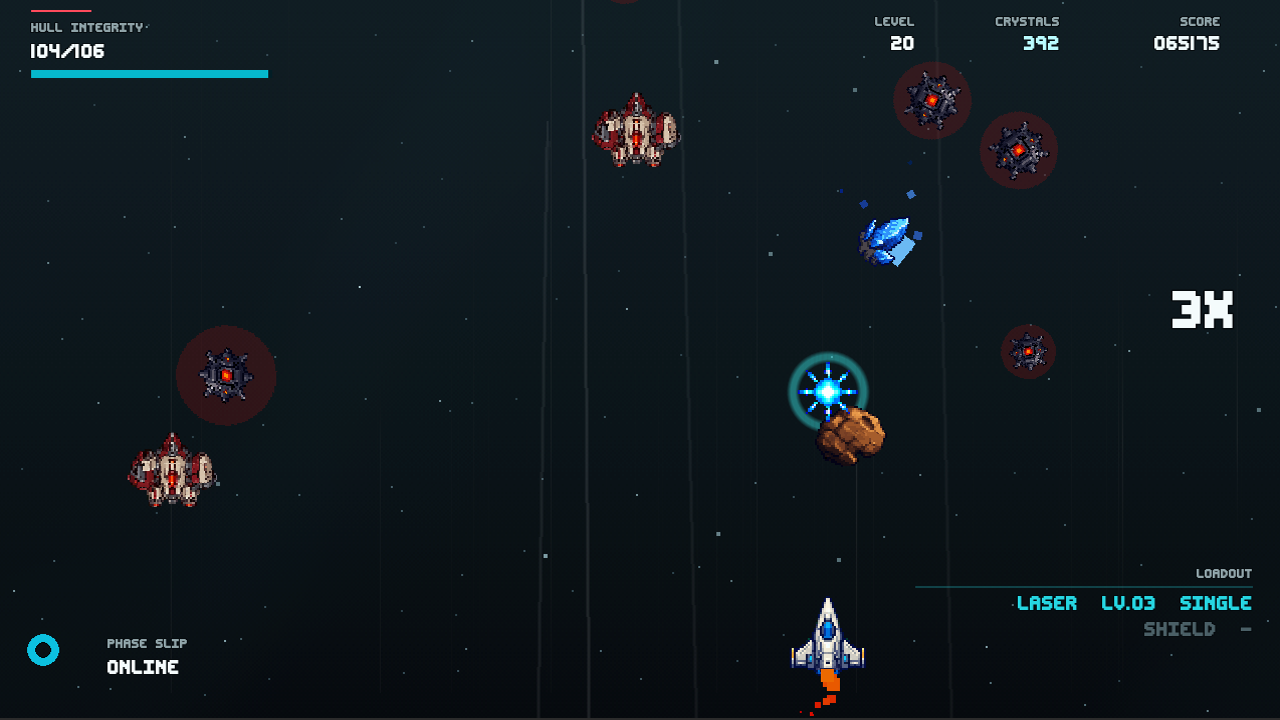 Gameplay at level 20: two raiders holding station, crystal magnet field active on a nearby crystal