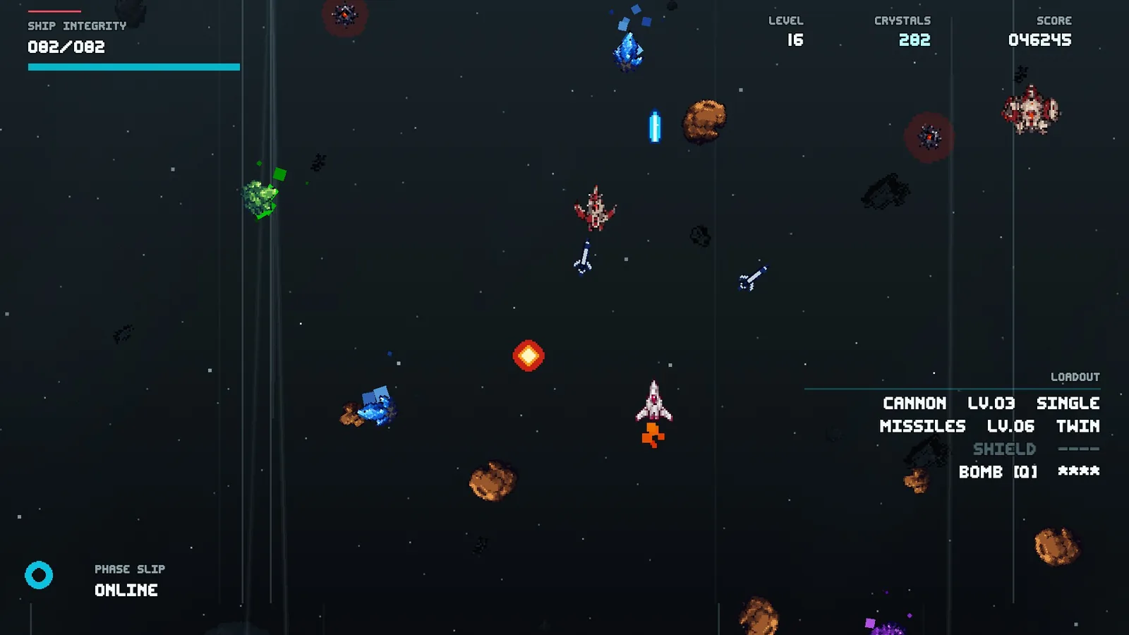Crystal Drive Z gameplay at level 16: falling crystals and asteroids with enemy craft holding station across the field
