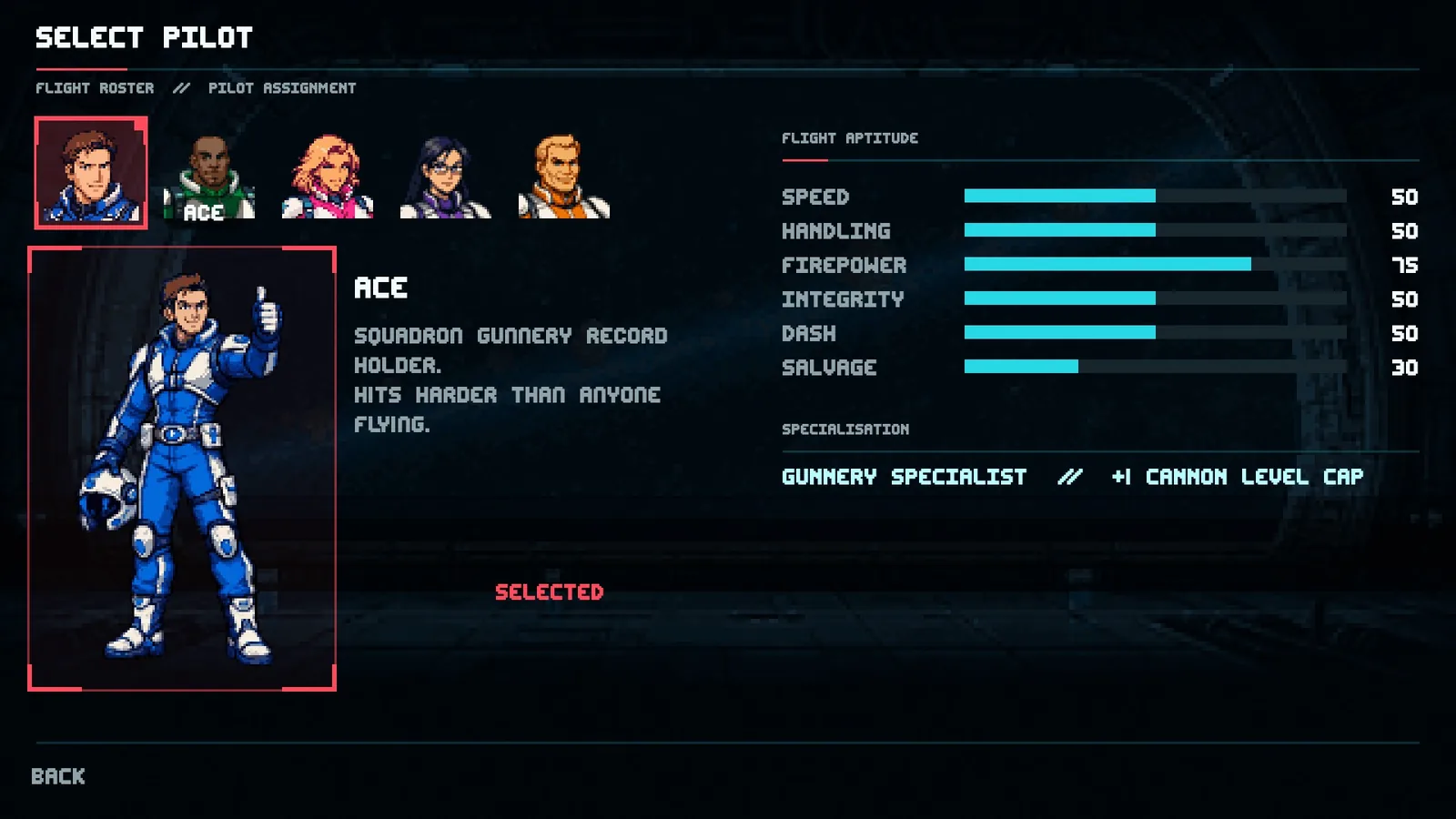Crystal Drive Z pilot select showing Ace, a gunnery specialist whose bonus raises the cannon level cap