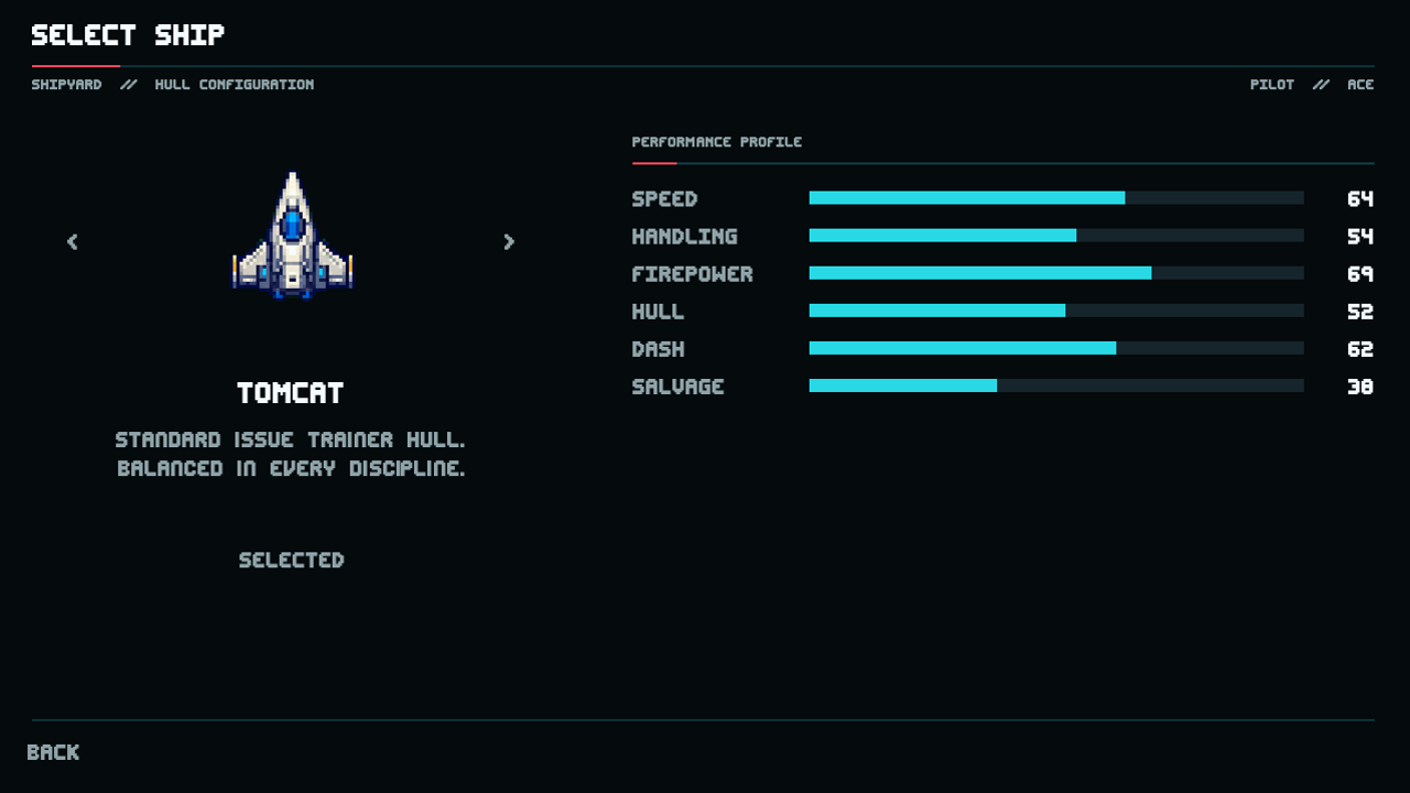 Ship select screen showing the Tomcat and its speed, handling, firepower, hull, dash and salvage bars