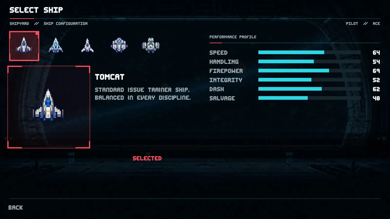 Crystal Drive Z ship select showing the Tomcat and its speed, handling, firepower, integrity, dash and salvage bars