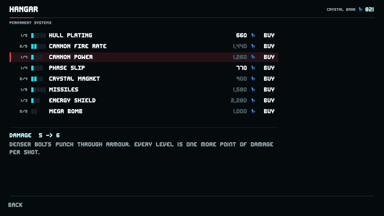 Hangar screen showing eight upgrade tracks with per-level costs and the effect of the selected purchase
