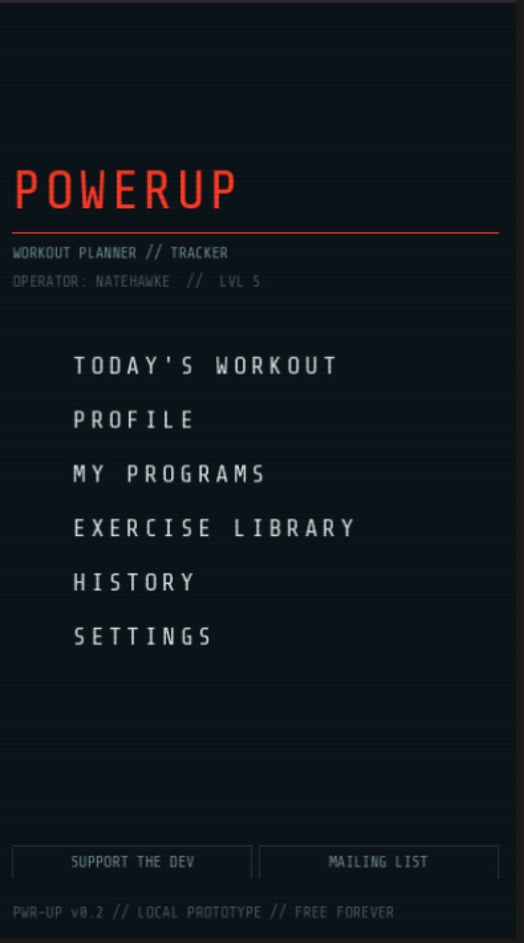 PowerUp workout app main menu