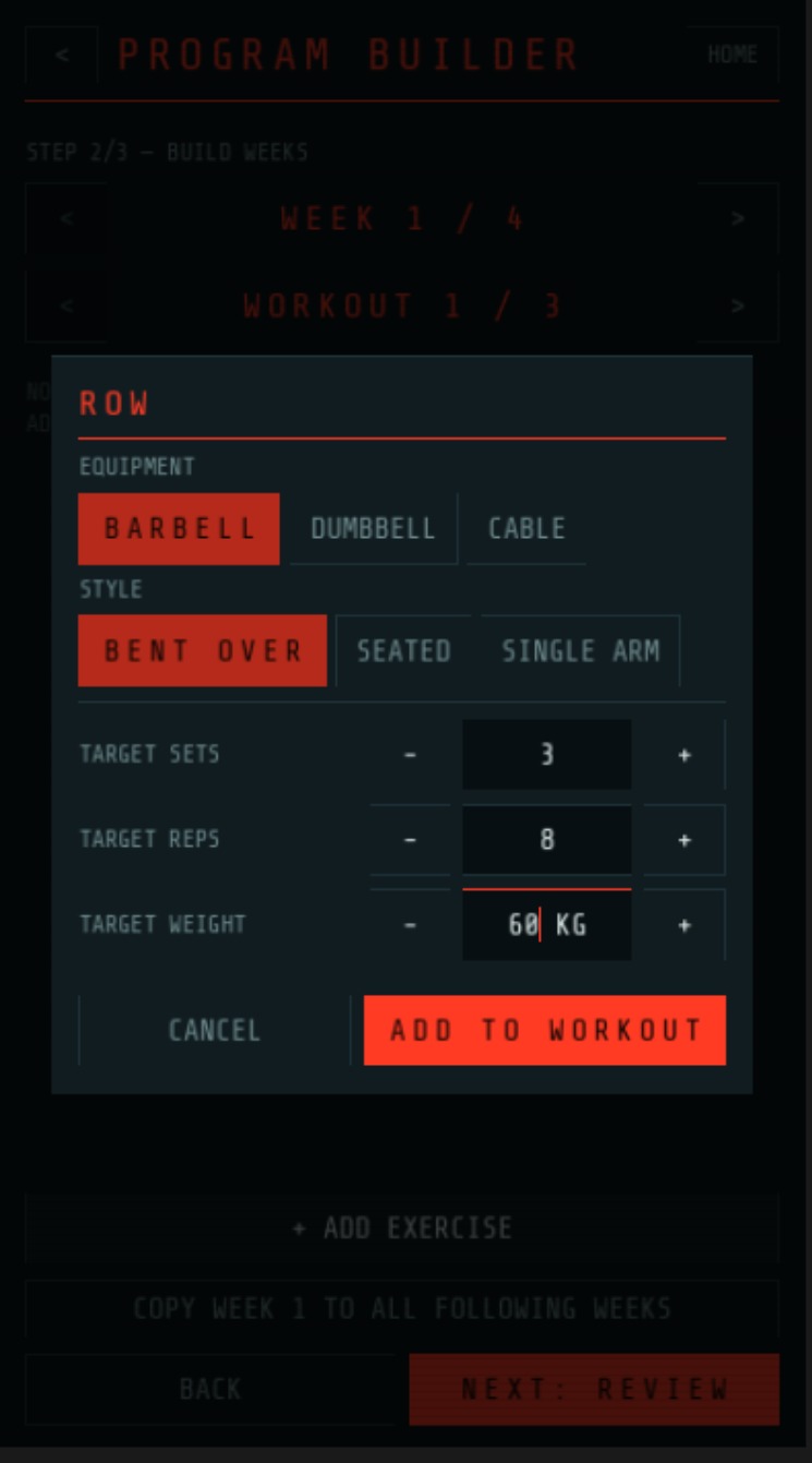 Adding a bent-over barbell row with equipment, style, sets, reps and weight