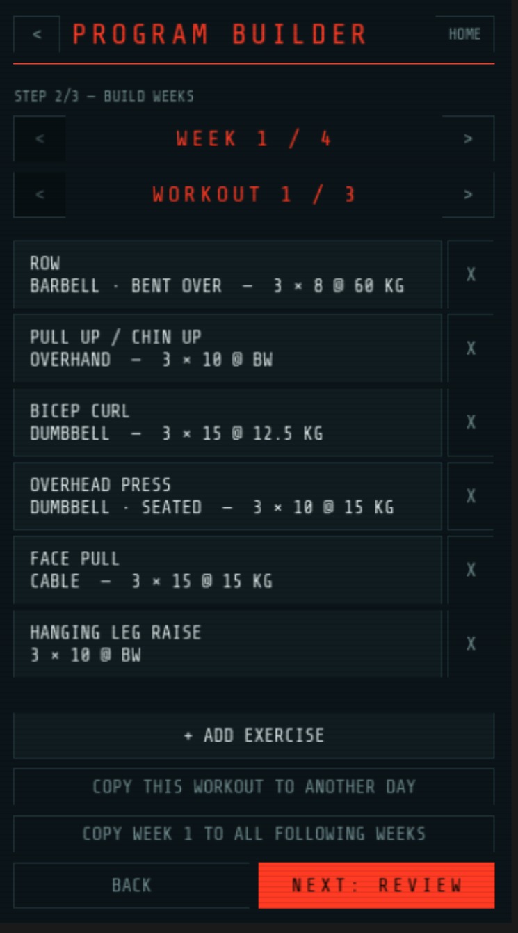 Program Builder workout with six exercises and copy-forward controls