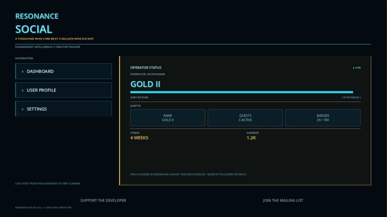 Resonance Social home screen showing Gold II rank, rating progress, streak, quests and badges